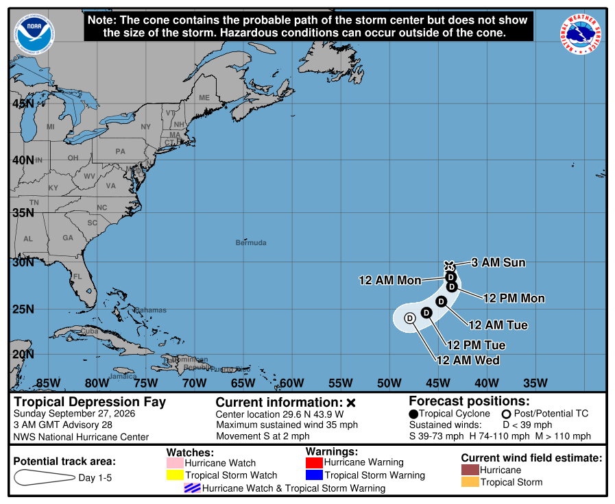 NHC forecast cone for Fay, advisory issued Sep 27, 2026 02:35 UTC