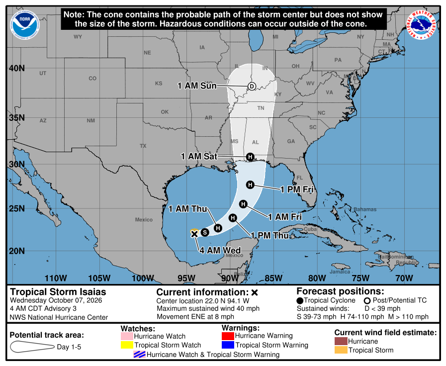NHC forecast cone for Isaias, advisory issued Oct 7, 2026 08:52 UTC