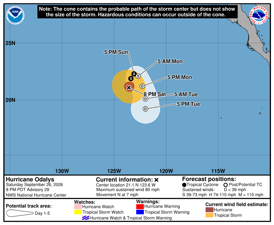 NHC forecast cone for Odalys, advisory issued Sep 27, 2026 02:53 UTC