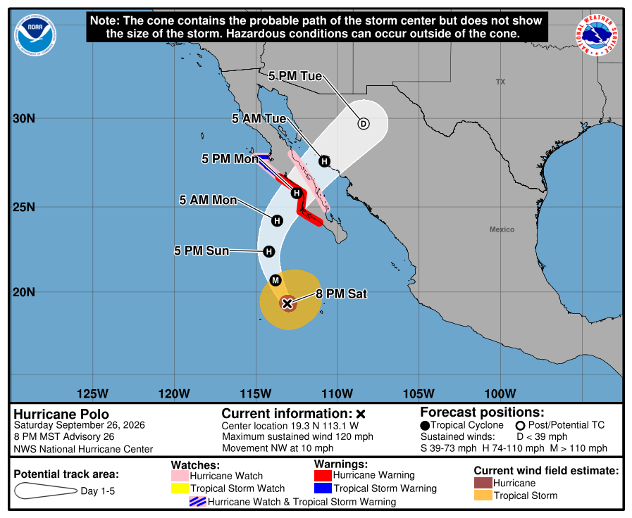 NHC forecast cone for Polo, advisory issued Sep 27, 2026 02:55 UTC