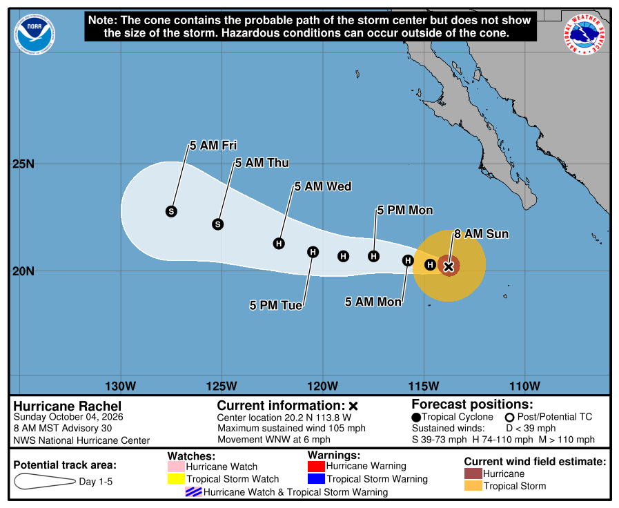 NHC forecast cone for Rachel, advisory issued Oct 4, 2026 14:34 UTC