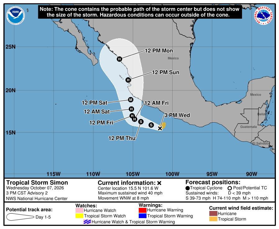 NHC forecast cone for Simon, advisory issued Oct 7, 2026 20:39 UTC