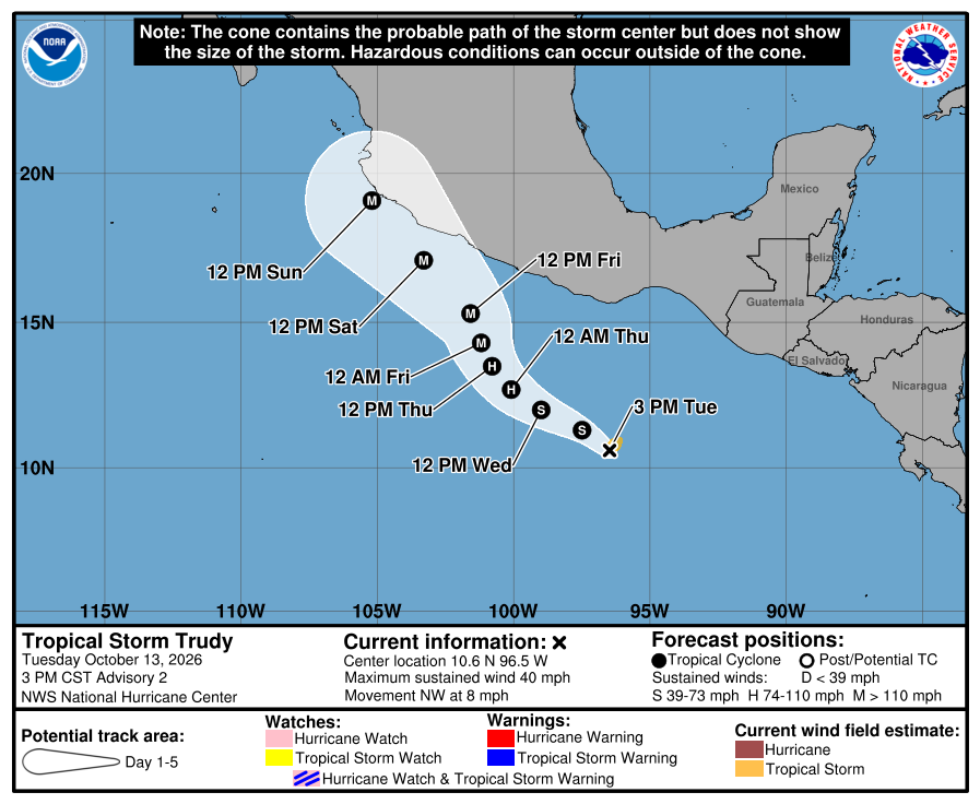 NHC forecast cone for Trudy, advisory issued Oct 13, 2026 20:36 UTC