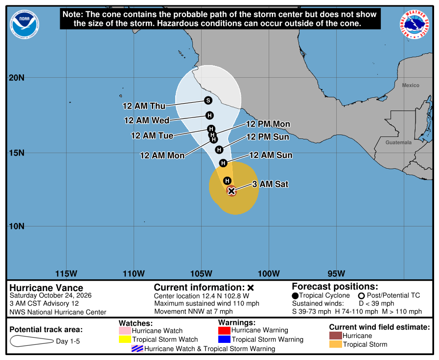 NHC forecast cone for Vance, advisory issued Oct 24, 2026 08:37 UTC